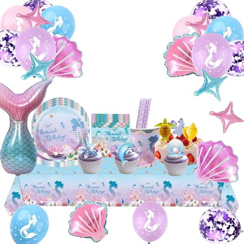 Aszaui 120 Pièces Décorations Anniversaire Sirene,Ensemble de Vaisselle de Fête Sirène Anniversaire pour Fille,Assiettes Papier,Tasses,Serviettes, Nappe, Ballons Sirène Décoration,pour 20 Invités
