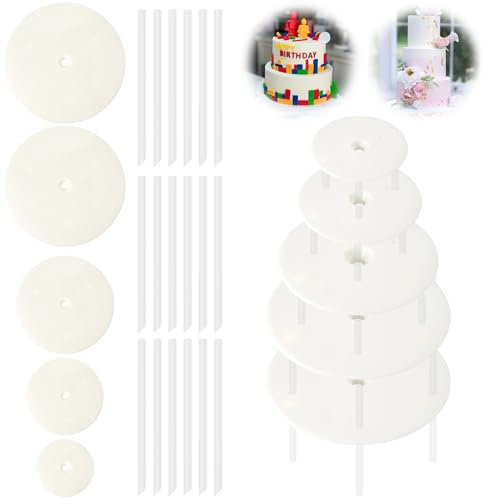 5 Pièces Planches à Gâteaux, 9/12/16/20cm Plateaux de Séparation de Gâteau, Dowels pour Gateau, Support Gâteau Rond Réutilisables pour les Gâteaux à Plusieurs Etages, Anniversaires, Mariages, Fêtes