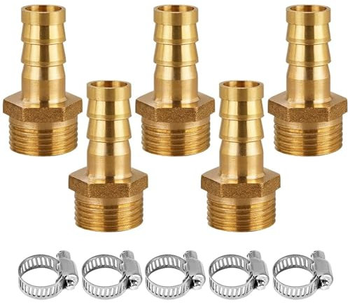 Messing Schlauchanschluss, 5 Stück 10 mm Widerhaken x 1/2 Zoll Außengewinde Rohradapter, mit 5 Stück Schlauchschelle für Luftschlauch Gasschlauch Wasserschlauch, Kraftstoffleitung