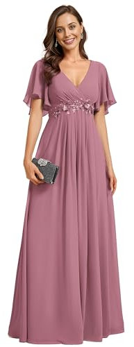 Ever-Pretty Vestito Donna Elegante Scollo a V Maniche a Volant Stile Lungo Abito Cerimonia Donna Chiffon Chic Orchidea 50