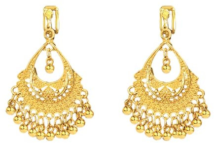 Small Gold Ball Tassel Ear Clip for Women Girls 14k Gold Plated Vintage Jhumka Jhumki Indian Bollywood Gorgeous Elaborate Non Pierced Clip On Dangling Drop Earrings Tribal Ethnic Jewelry Gifts