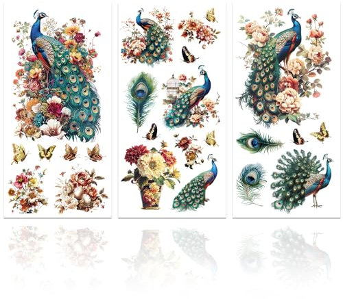 GLOBLELAND 3 Stück Blumen Pfau Möbeltransfer 6x12 Zoll Schmetterlingsvase Rub On Transfer Selbstklebende Wandtattoos Für Schlafzimmer Wohnzimmer Schreibtisch Tischdekoration
