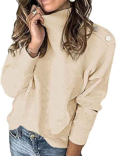 Imily Bela Pullover Damen Herbst Winter Gestreift Langarm Elegant Strickpullover Rollkragen Locker Frauen Oberteile Deko mit Metallknöpfen