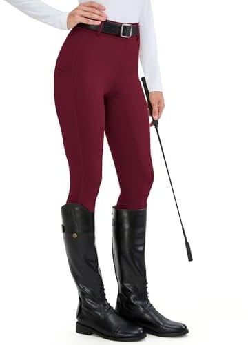 H.MILES Reitleggings Damen Vollbesatz High Waist Elastische Reithose Damen mit Handytasche Gürtelschlaufen Rot M