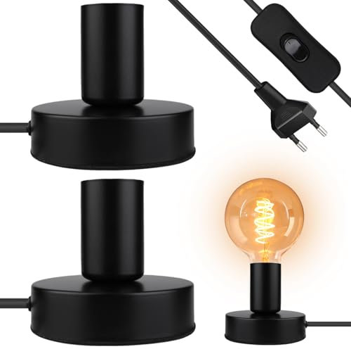 2 Stück Tischlampe E27 Fassung, Kleine Tischlampe IndustrieNachtlicht, Deckenleuchte Lampenfassung Lampensockel E27 Fassung für Schlafzimmer, Wohnzimmer oder Büro Schwarz (keine Birne)