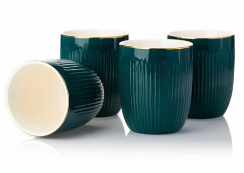 HowHomely Keramik Kaffeetassen mit Löffel (4 x 300 ml) | Steingut Geschirr Set | Grün Tassen 4er Set | Auch verwendbar als Espressotassen Kaffeetasse oder Teetasse