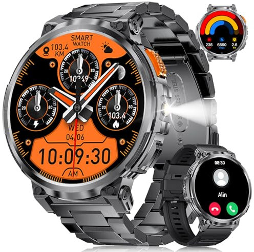 ESFOE Smart Watch militare da uomo con chiamata Bluetooth, 100+modalità sport, fitness tracker/monitoraggio della frequenza cardiaca, monitoraggio della salute del sonno, impermeabile IP68, per