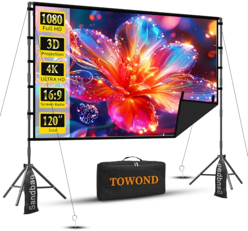 Outdoor Projector Screen with Stand, TOWOND 120 inch Portable Projector Screen Black Backing, Indoor Projection Screen 16:9 4K HD Wrinkle-Free Movie Screen with Carry Bag for Backyard Movie Night