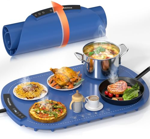 INNOWARMER Vassoio Riscaldante Elettrico,Scaldavivande Elettrico Portatile con Temperature Regolabili e Timer, Silicone Pieghevole Tappetino Riscaldante per Feste,Ristoranti,Domestiche (Rotondo-Blu)