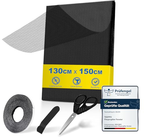 teeppo Fliegengitter Fenster 3 Stück | 130 x 150 cm, Insektenschutz Fenster Zuschneidbar mit Klettband Selbstklebend, Fliegennetz ohne Bohren, Moskitonetz Fenster aus Polyester【Schwarz】