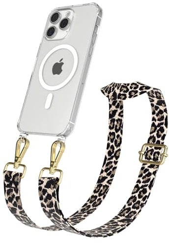 EAZY CASE Handykette - Verstellbares Taschenband kompatibel mit iPhone 15 Pro Max, Schulterriemen, Handykordel mit Silikon Hülle, Qi Charging kompatibel, Umhängetasche, Leo - Schwarz Beige Gold