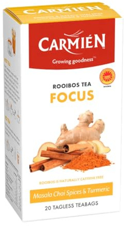 Carmien | Rooibos Tea for Focus, 20 Tea Bags with Masala Chai & Turmeric | Globally Award Winning, Caffeine Free, Herbal, Concentration, Joint & Immune Support, Traditional, Cinnamon, Cardamom, Cloves