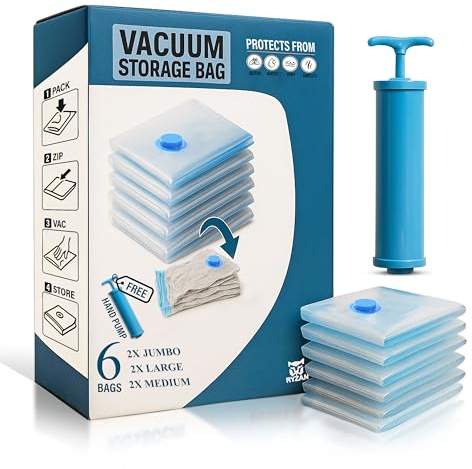 Vacuum Storage Bags for Clothes & Bedding – Reusable Space Saver Bags with Hand Pump – Airtight Travel & Home Storage Solution (6 Pack Combo + Pump)