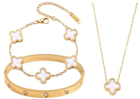 Iirlvior 3 Stück Vierblatt-Schmuck Set, 18K Vergoldet Vierblättriges Kleeblatt Armband Halskette, Emaille Kette mit Anhänger, Vierblättriges Glücksklee Hypoallergen Schmuck Set für Damen (Weiß)