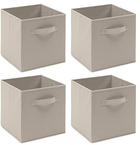 Redd Royal Pack of 2/4/6 Non-Woven Fabric Unit Storage Cubes Boxes Foldable Collapsible Storage Organizer Basket Bins with Handle for Wardrobe Clothes Toys Bedroom Living Room (Beige, Pack of 4)
