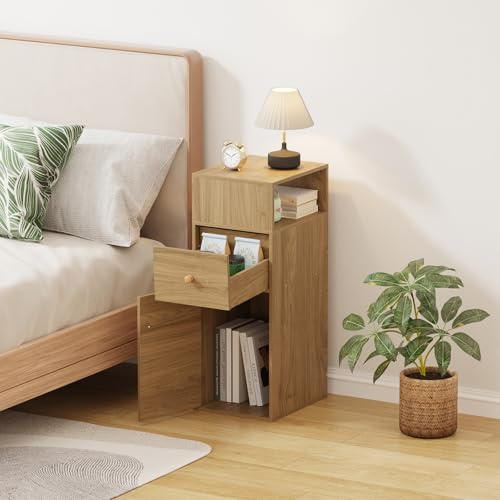 Sanery Schmaler Nachttisch mit 1 Schublade und Türaufbewahrung, Wohnzimmer Sofa Beistelltisch Kleiner Nachtschrank Telefontisch für Home Schlafzimmer, Walnuss