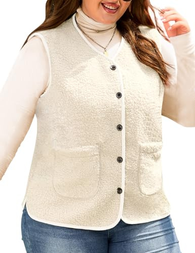 CMTOP Gilet Donna in Pile Teddy Taglie Forti Caldo Leggero Smanicato Gilet Elegante Scollo a V Waistcoat Autunno Invernale Giubbotto Senza Maniche con Bottoni e Tasche