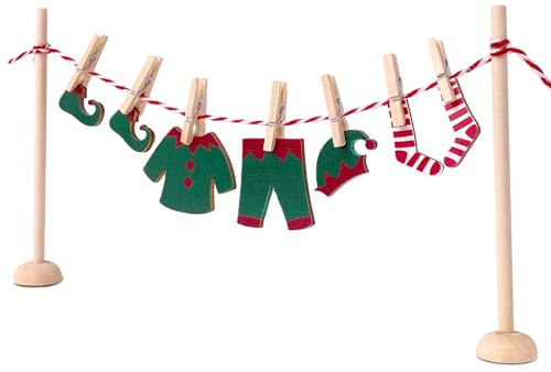 Kazunark Wichtel Zubehör Weihnachten, Miniatur Wäscheständer Set mit Holz Kleidung und Klammern, Weihnachtselfen Kostüm für Puppenhaus und Wichteltür Deko