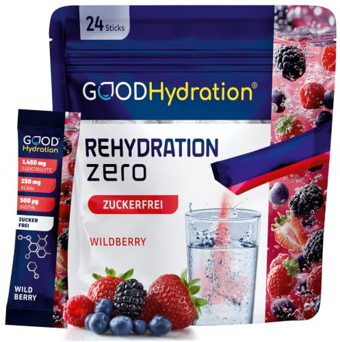 GOOD Hydration® Elektrolyt Pulver OHNE ZUCKER – WALDBEERE – 24 Sticks (NEU) | 1450mg Elektrolyte – ZUCKERFREI – plus BCAA und Biotin – Wissenschaftliche Formel für Sport Arbeit & Party – Made in Germany
