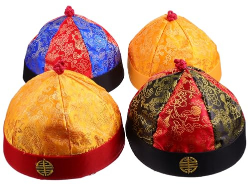 WHAMVOX Lot de 4 Chapeaux Cosplay Vintage Qing Dynastie pour Garçon et Filles 7-15 Ans, Couvre-chefs Tissu avec Tresses, Chapeaux Traditionnels Chinois pour Déguisement et Fête