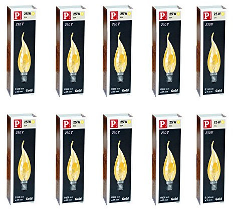 Paulmann 10 x Kerze windstoß gold 25W E14 Kerzen 25 Watt Glühbirne Glühlampe Windstoßkerzen 513.27