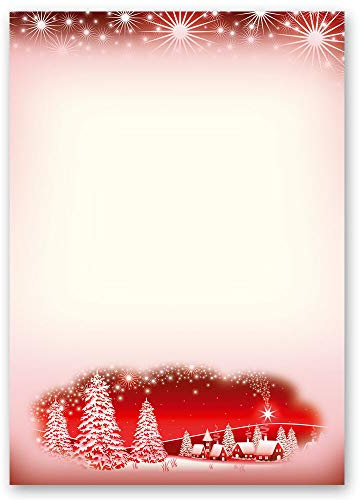 50 Blatt Briefpapier Wintermotiv WINTERDORF-ROT - DIN A4 Format | Paper-Media