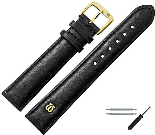 MARBURGER Uhrenarmband 16mm Leder Schwarz Gold Glatt Mit Naht - Montage Set 1001610000220