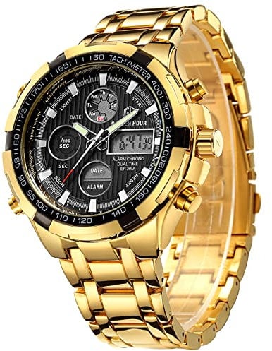 GOLDEN HOUR Luxus Edelstahl Analoge Digitaluhren für Männer Herren Outdoor Sport wasserdichte Große Schwere Armbanduhr (Gold Black)