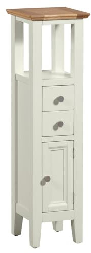 Hallowood Furniture Clifton Oak Painted Off White Open Top Tower Slim Cabinet with Cupboard, 2 Drawers & Shelf, Wooden Narrow Storage Unit, Small Bathroom Cabinet, Tall Plant Stand or Telephone Table