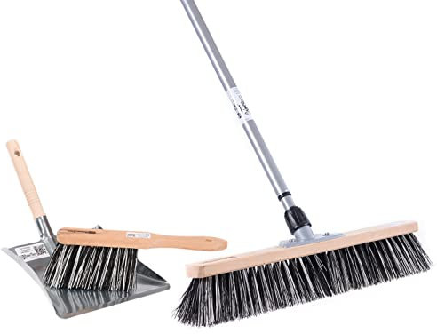 BawiTec OssiBlitz Kehrset, 50cm Breit/Lang, mit Teleskopstiel verstellbar/ausziehbar max. 200cm Länge, inkl. Handfeger und Metall-Kehrblech/Kehrschaufel, Ossi-Blitz Besen Set, Harte robuste Borsten