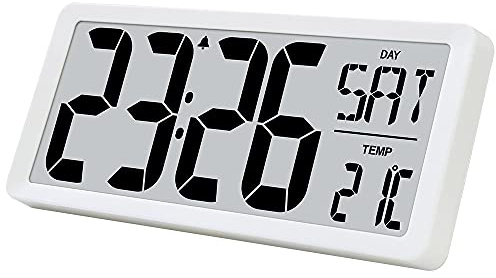 TXL 3039 Jumbo Digital Alarm Clock Battery Operate Extra Large LCD Display 4.6 Bold Font Calendar, 12/24 Mode Temperature Energy Saving Office Kitchen School Warehouse Gym Wall/Desk Clock, White