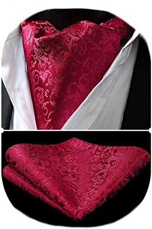 HISDERN Rot Krawattenschal Herren Paisley Halstuch Ascot-Krawatte Seide Ascot Krawatte und Einstecktuch Set für Elegant Hochzeit Party,Rot,Einheitsgröße