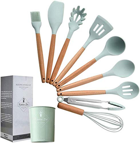 Aixcami Silikon-Kochutensilien-Set, 9-Teilig, Natürliche Holzgriffe, Kochwerkzeug, Wender, Zange, Pfannenwender, Löffel für Antihaftbeschichtetes Kochgeschirr Mintgrün