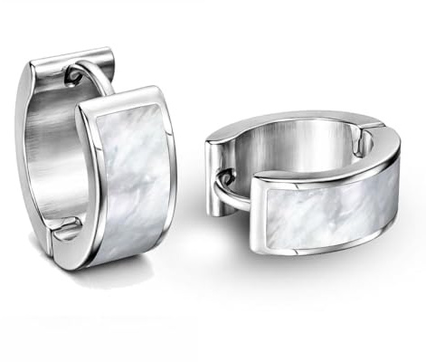 Soul-Cats Edelstahl Klappcreolen Silber mit Perlmutt – Creolen Ohrringe Damen – Eleganter Ohrschmuck mit schimmernder Muscheleinlage