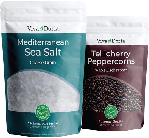 Viva Doria Tellicherry Black Peppercorn, Whole Black Pepper, Black Peppercorns, 340 Gram and Mediterranean Sea Salt, Coarse Grain, 907 Gram, For Grinder Refills (2 Set)