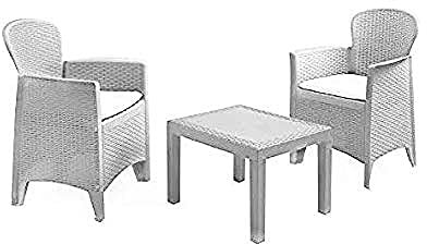 Dmora - Set salotto da esterno Foggia, Composizione da giardino con 2 poltrone ed 1 tavolino, Salottino effetto rattan con cuscini, 100% Made in Italy, Bianco