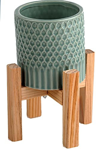 SiL Interiors Duck Egg Soft Blue Plant Pot On Wooden Display Stand