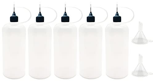 MYYZMY 5 Pcs Needle Tip Bottle, 120ml /4 Ounce Precision Tip Applicator Bottles, with 2 Pcs Mini Funnel for Paper Quilling DIY Craft, Black Lid