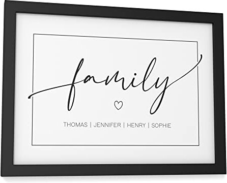Papierschmiede® Bild Family Personalisiert mit Namen, DIN A5 (15x21 cm) Rahmen wählbar, Familienposter personalisierte Familiengeschenke Wandbild für Zuhause Flur Bilder Kalligrafie Typografie