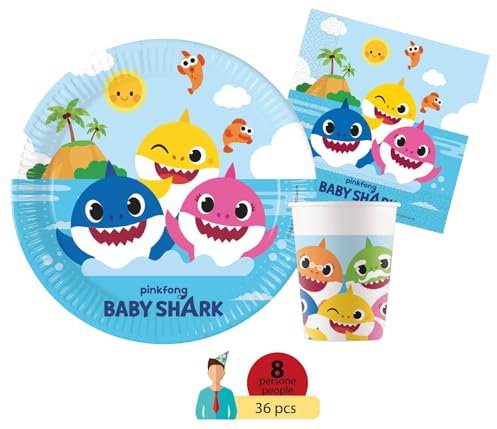 Party Tableware Set Baby Shark for 8 people (36 pcs: 8 plates Ø18cm, 8 cups 200ml, 20 napkins 33x33cm) in eco-friendly compostable paper