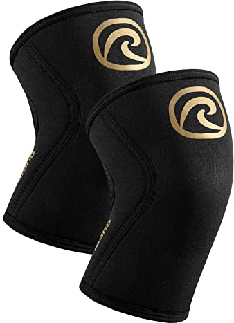 Rehband Kniebandage Kraftsport, Kniestütze für Cross Fit & schweres Training, Knee Sleeve aus 5 mm Neopren, in vielen Farben & Größen, Unisex, Farbe:Gold/Schwarz - 1 Paar, Größe:L