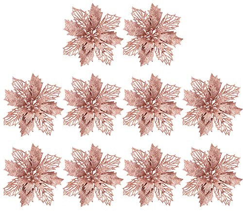 Herbests 10 Stücke Künstliche Weihnachtsblumen Glitzer Weihnachtsstern Blumen Kunstblumen Weihnachtsbaum Neujahr Ornamente Hochzeit Weihnachten Deko Weihnachtsbaumschmuck Poinsettie,Rose Gold