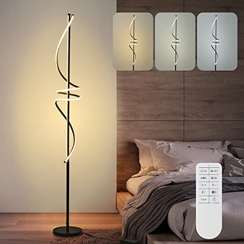 POWROL Lampada da Terra Moderna LED 69 inch 48W Telecomando Dimmerabile 3 Temperature di Colore Lampade da Terra Lampada da Lettura con Interruttore a Pedale Nero Lampada da Terra Alta Per Soggiorno