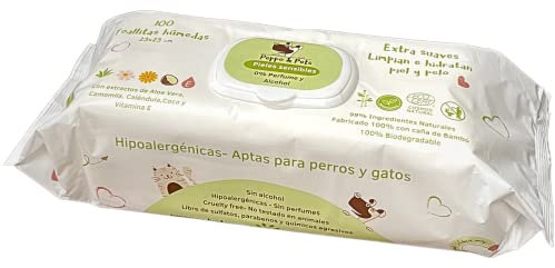Peppo and Pets - Toallitas húmedas limpiadoras para Perros y Gatos-1 Paquete (100 Unidades)- Sin Perfume- 99% Ingredientes Naturales- Compostables