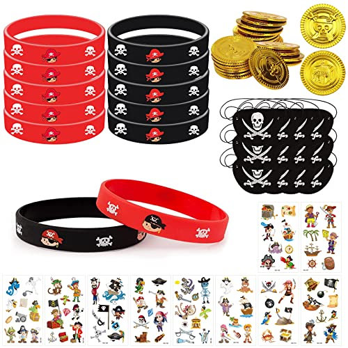 LETTERASHQP Piraten Kindergeburtstag Mitgebsel, 58 Stück Piraten Party Mitgebsel mit Piratenmünzen Piraten Silikonarmband Kinder Piraten Augenklappe Tattoos für Kindergeburtstag Gastgeschenk