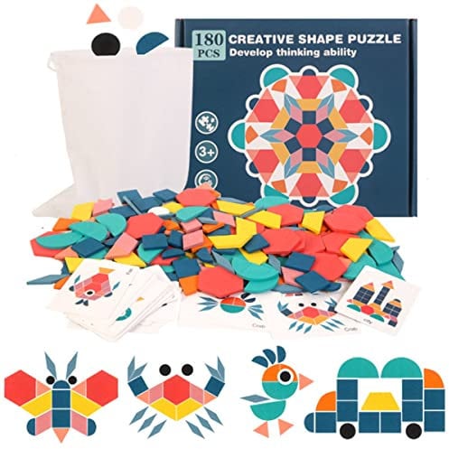 LiRiQi Tangram Kinder Geometrische Formen HolzPuzzles, 180 Teilig Montessori Spielzeug Puzzle mit 24 Designkarten, Geschenk Klassische Pädagogisches Spielzeug für Kinder MäDchen Junge 3 4 5 6 Jahr