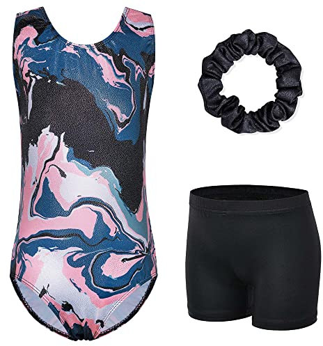 XFGIRLS Body da ginnastica per ragazze, senza maniche, luccicante, per danza classica, pantaloncini sportivi per ragazze 3-14 anni, Nero_Rosa, 11-12 Years