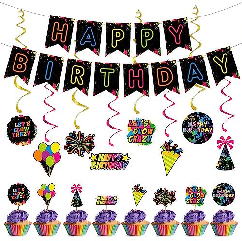 Neon Birthday Party Decorations,17 Pcs Glow in the Dark Party Supplies Set Includes Happy Birthday Banner Cake Toppers Hanging Swirls for Black Light Neon Party Supplies