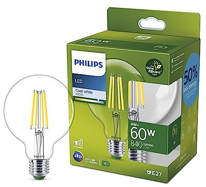 Philips LED Classic ultraeffiziente E27 Lampe, mit Energieeffizienzklasse A in Globe Form, ersetzt 60W, klar, neutralweiß