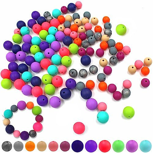 AFUTNA - 120 perline rotonde colorate in silicone da 12 mm e 15 mm, perline in silicone per portachiavi, collane fai da te, bracciali, gioielli artigianali